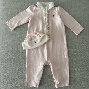 Ralph Lauren Baby Girl Pajama Onesie Outfit with Matching Hat